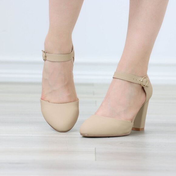 Beige High Heels Ankle Strap Almond Toe Block Classic Pumps Nubuck - Picture 10 of 12